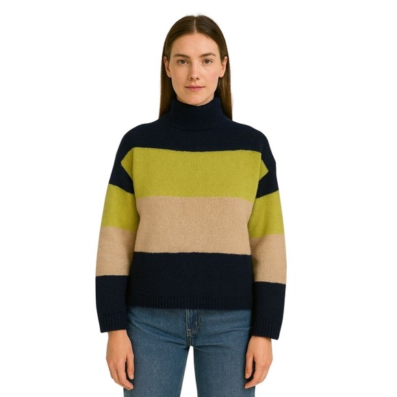 Cliché Sweaters - Cliche Colorblock‎ Striped Turtleneck Sweater Blue Tan Green oversized cozy S